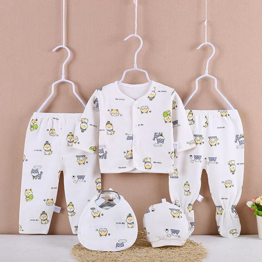 5PCS Hospital Newborn Baby Boys Girls Long Sleeve Top Hat Pants Bib Outfits Set